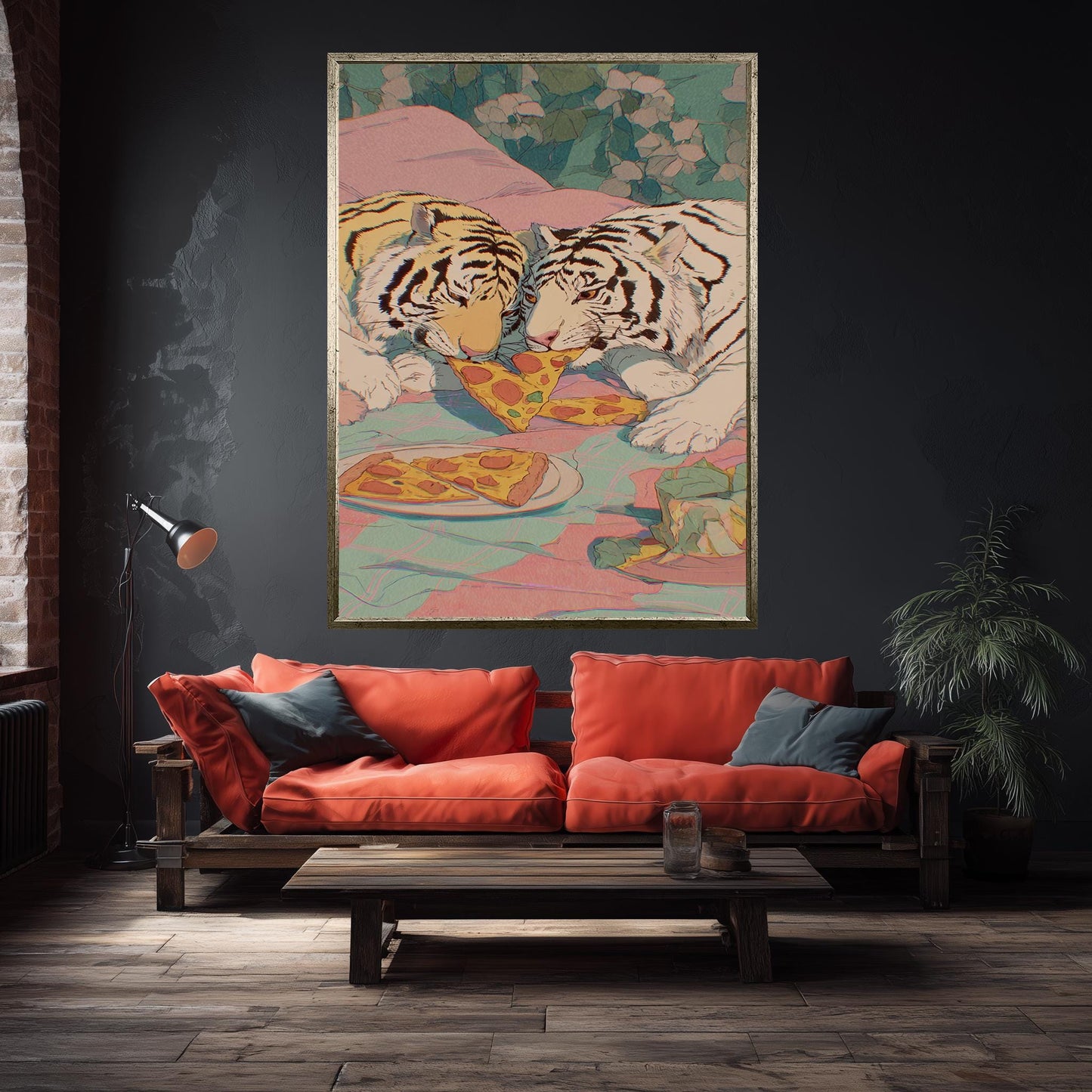 Two White Tigers Sharing Pizza in Bed  Romantic & Playful Pastel Illustration with Retro 80s Vibes, Whimsical Animal Wall Art Tiger Artwork