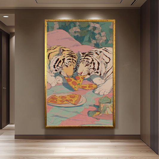 Two White Tigers Sharing Pizza in Bed  Romantic & Playful Pastel Illustration with Retro 80s Vibes, Whimsical Animal Wall Art Tiger Artwork