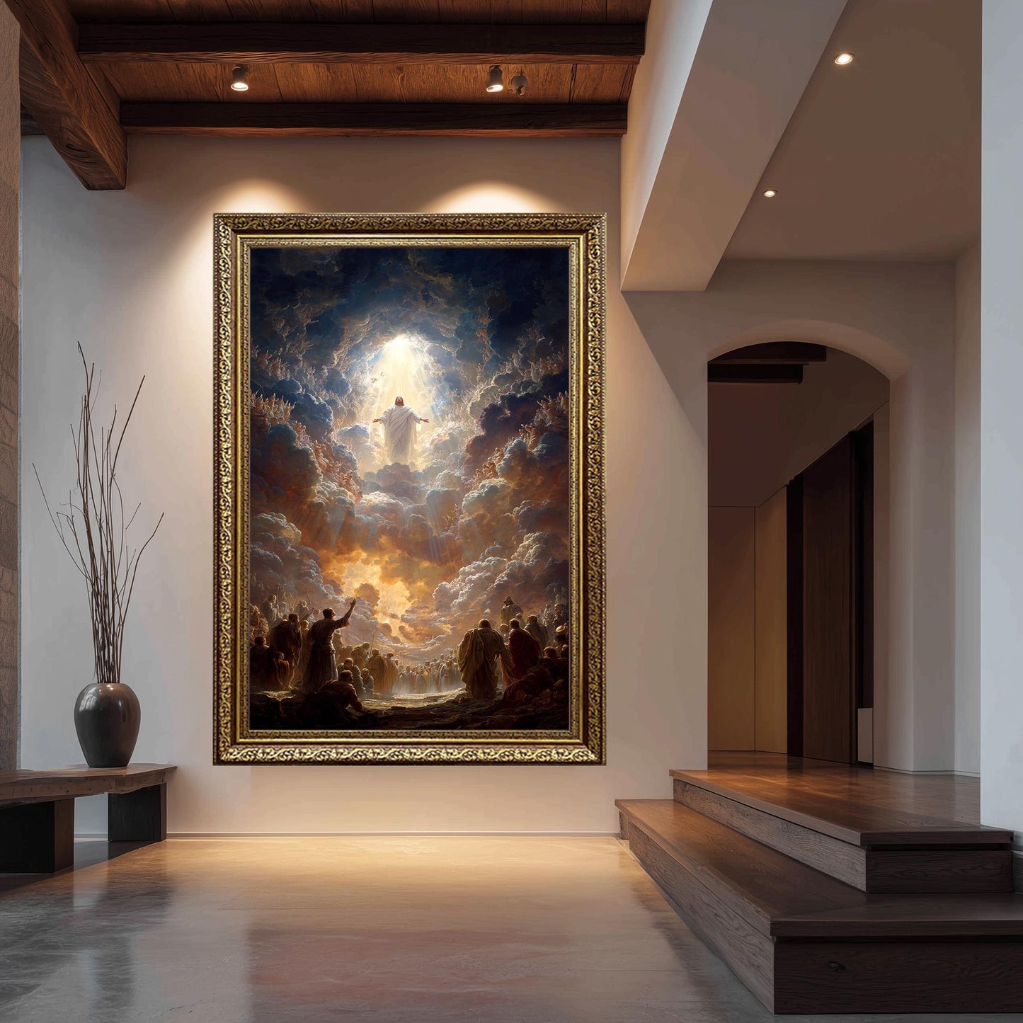 Heavenly Ascension of Jesus Christ Art Print  Glorious Religious Wall Decor with Divine Clouds, Light Rays and Worshiping Saints Jesus Art