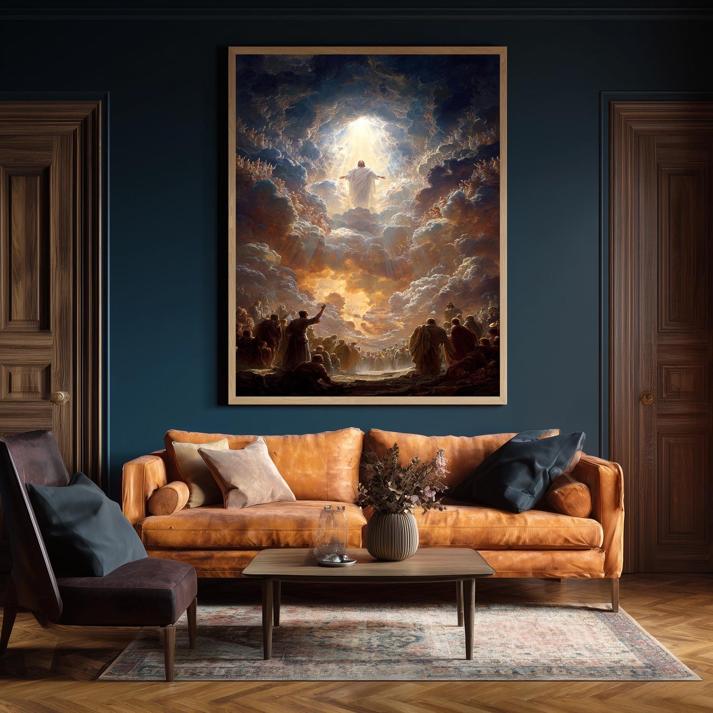 Heavenly Ascension of Jesus Christ Art Print  Glorious Religious Wall Decor with Divine Clouds, Light Rays and Worshiping Saints Jesus Art
