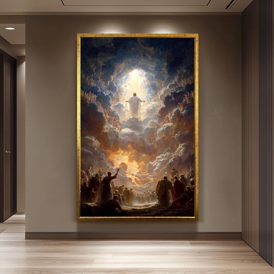 Heavenly Ascension of Jesus Christ Art Print  Glorious Religious Wall Decor with Divine Clouds, Light Rays and Worshiping Saints Jesus Art