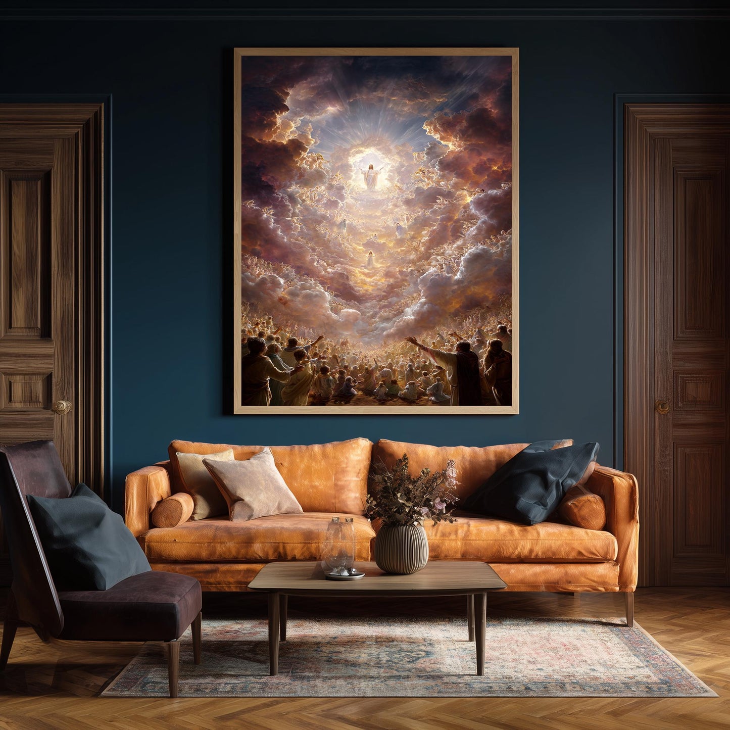 Jesus Christ Ascension Heavenly Glory Canvas  Divine Christian Wall Art with Angels, Light Beams, Worshippers and Celestial Skies Jesus Art