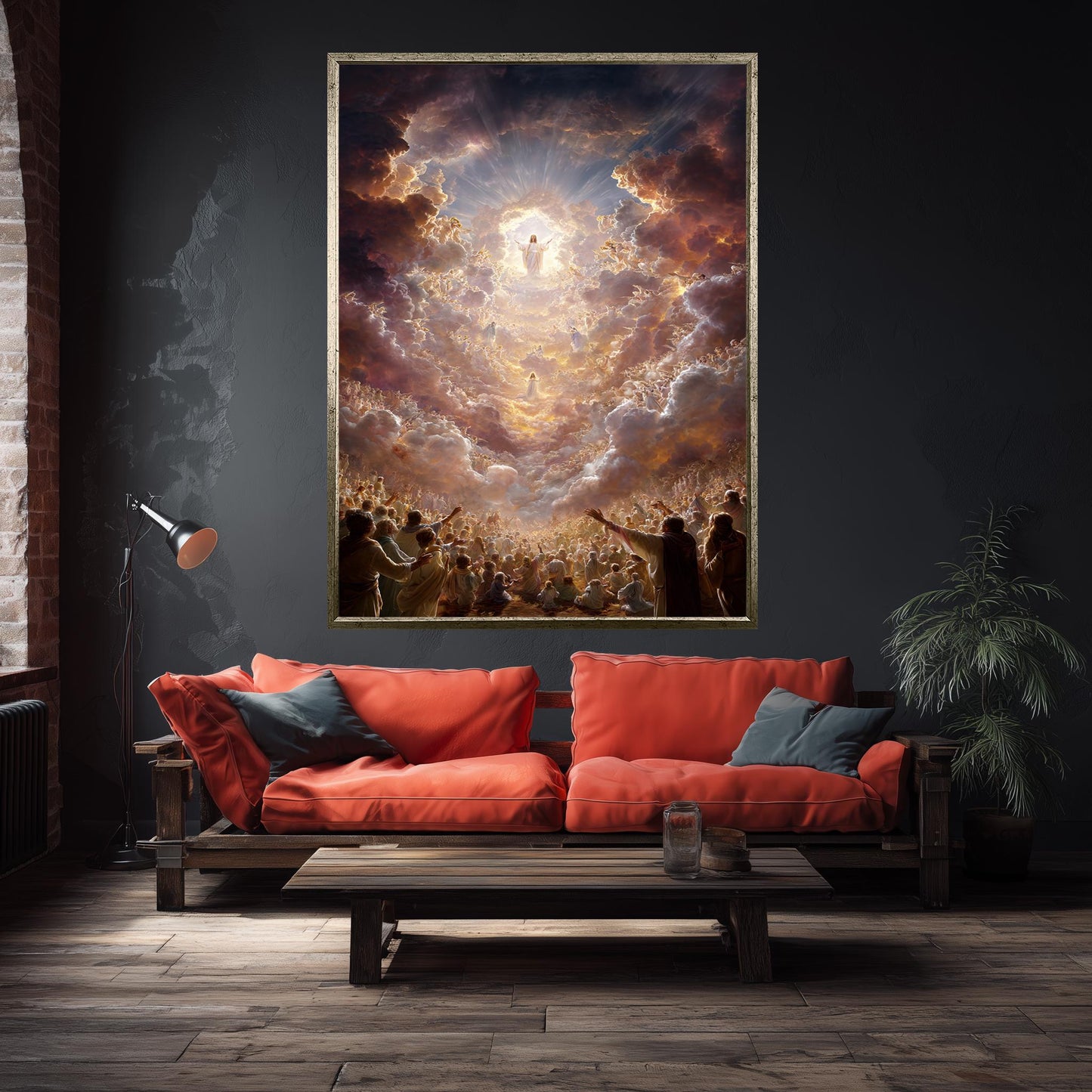 Jesus Christ Ascension Heavenly Glory Canvas  Divine Christian Wall Art with Angels, Light Beams, Worshippers and Celestial Skies Jesus Art