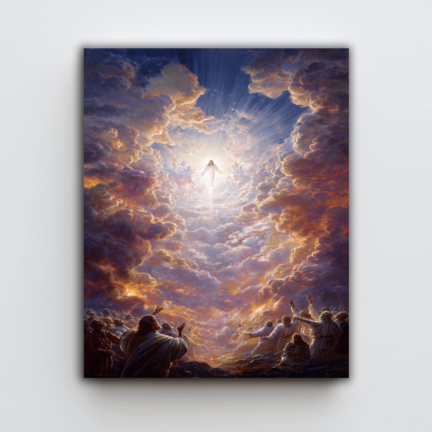 Jesus Ascending to Heaven Religious Art  Radiant Christian Wall Print with Glowing Clouds, Angels, Light Rays and Worshipping Disciples