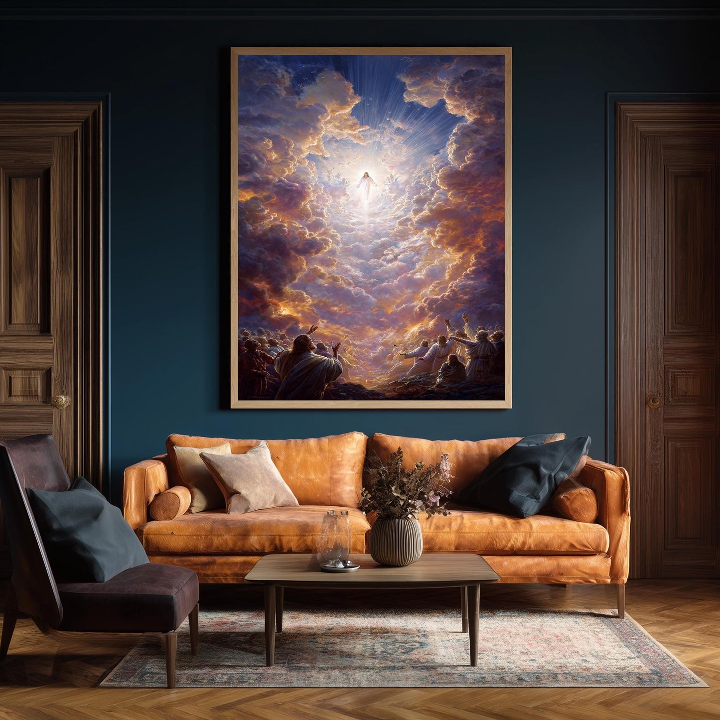 Jesus Ascending to Heaven Religious Art  Radiant Christian Wall Print with Glowing Clouds, Angels, Light Rays and Worshipping Disciples