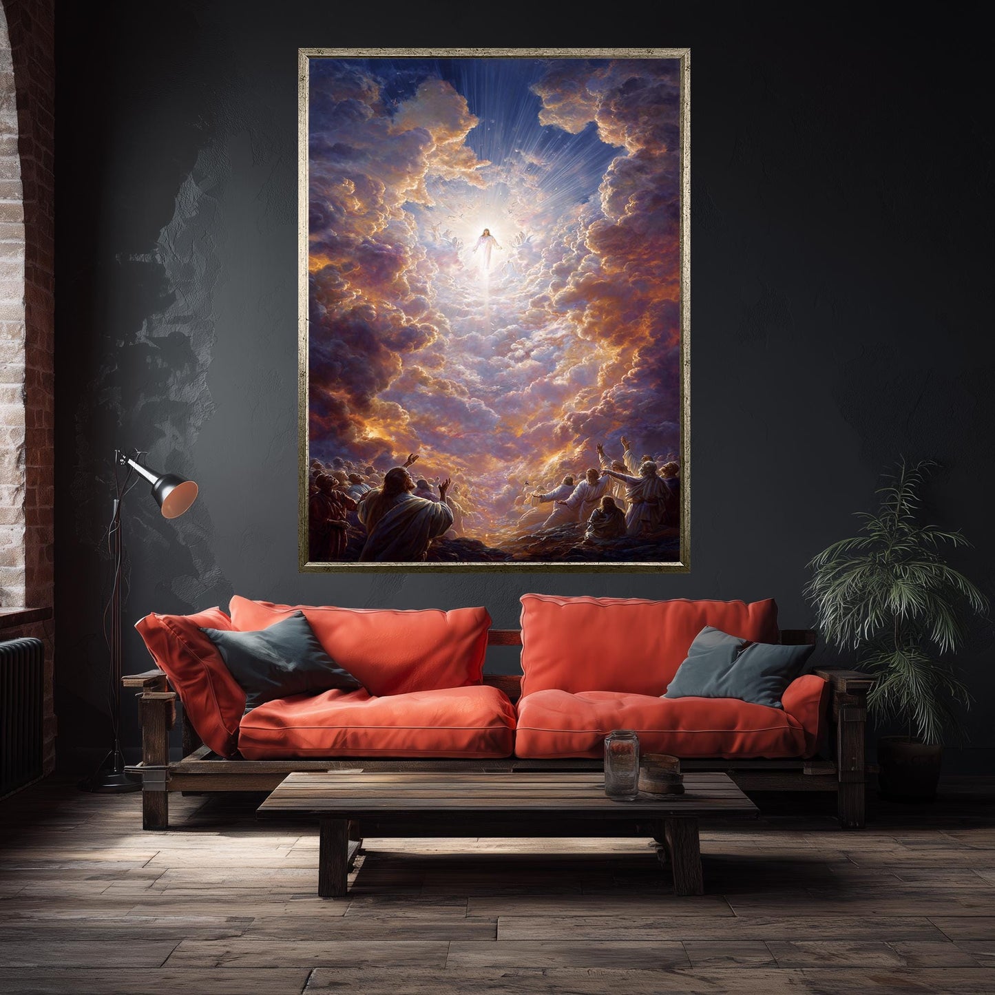 Jesus Ascending to Heaven Religious Art  Radiant Christian Wall Print with Glowing Clouds, Angels, Light Rays and Worshipping Disciples