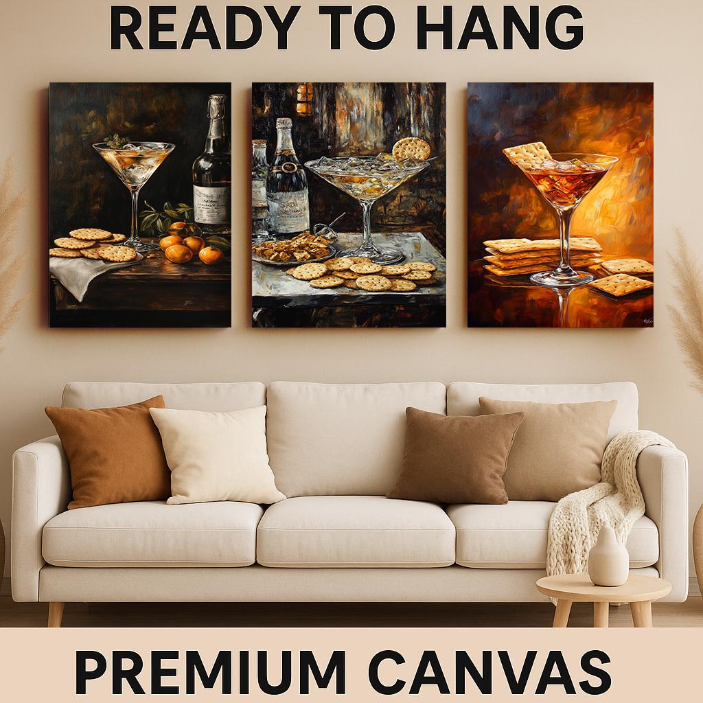 Cocktail & Cracker Still Life Art: Gourmet Bar Prints, 3 Piece Set