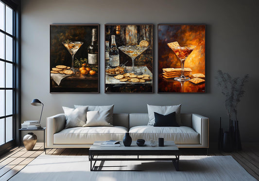 Cocktail & Cracker Still Life Art: Gourmet Bar Prints, 3 Piece Set