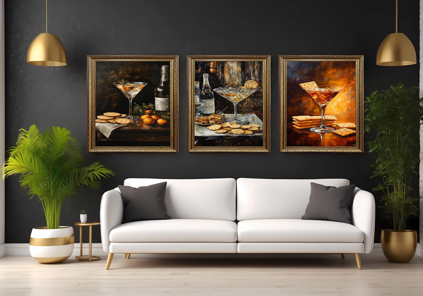 Cocktail & Cracker Still Life Art: Gourmet Bar Prints, 3 Piece Set