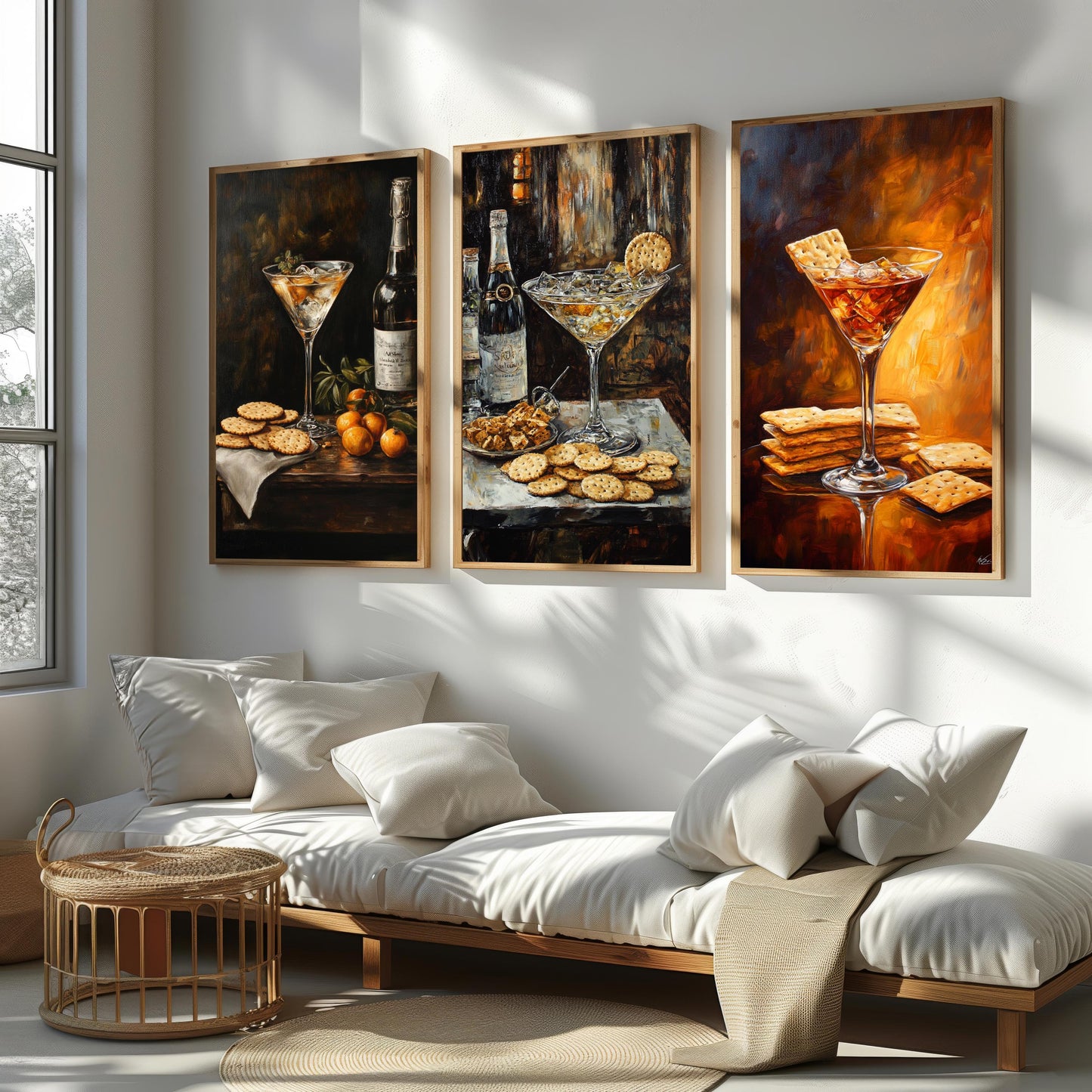 Cocktail & Cracker Still Life Art: Gourmet Bar Prints, 3 Piece Set