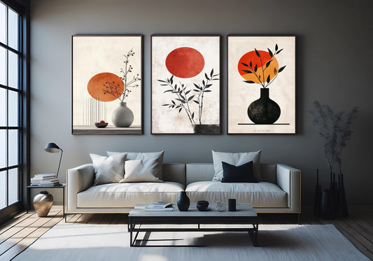 Japanese Zen Art Prints: Minimalist Sun & Plant Boho Decor Set