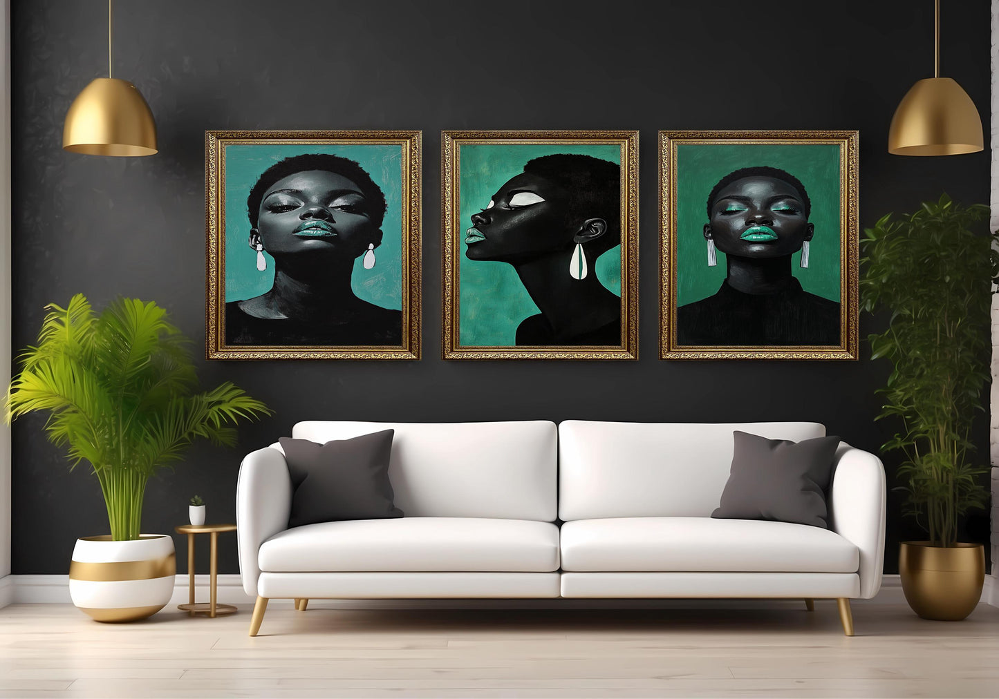 Emerald Afrocentric Woman Portrait Art Set: Bold Black Beauty Prints