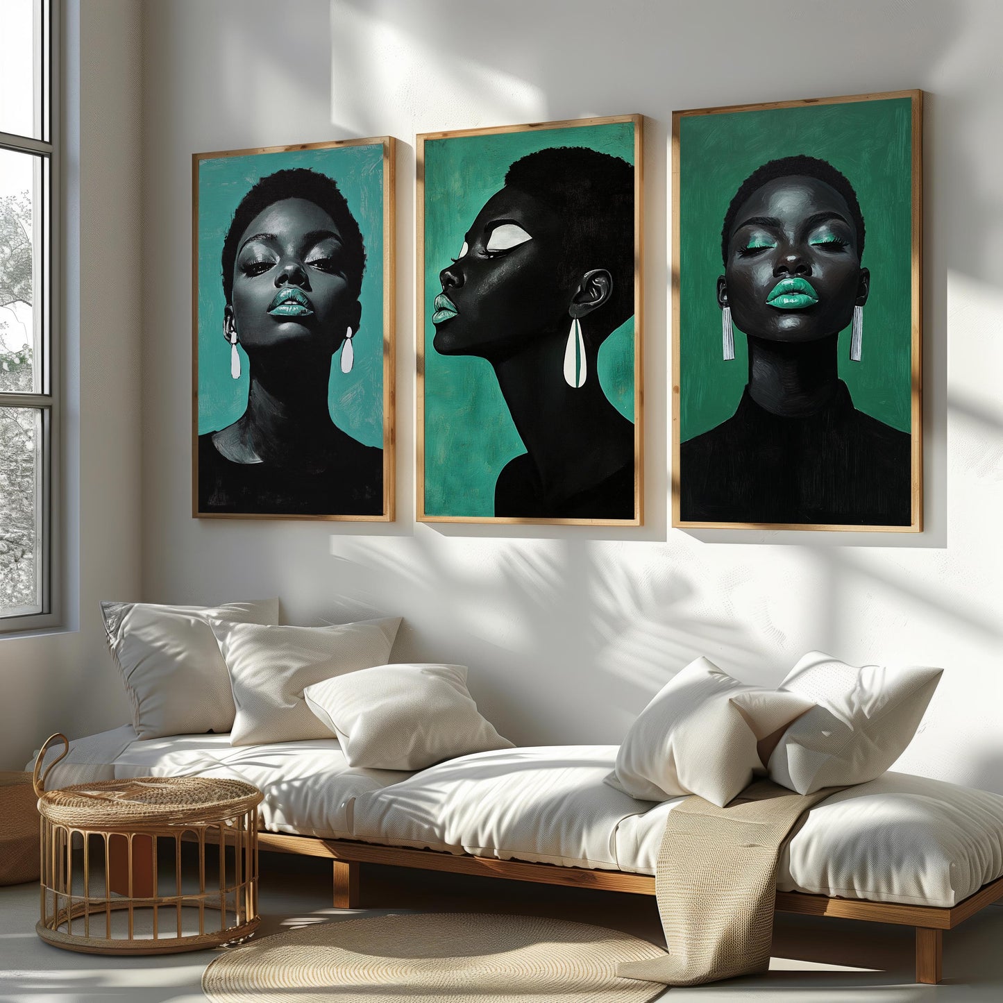 Emerald Afrocentric Woman Portrait Art Set: Bold Black Beauty Prints