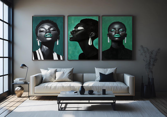 Teal Accent Black Woman Portrait Art - Modern Glam Set of 3