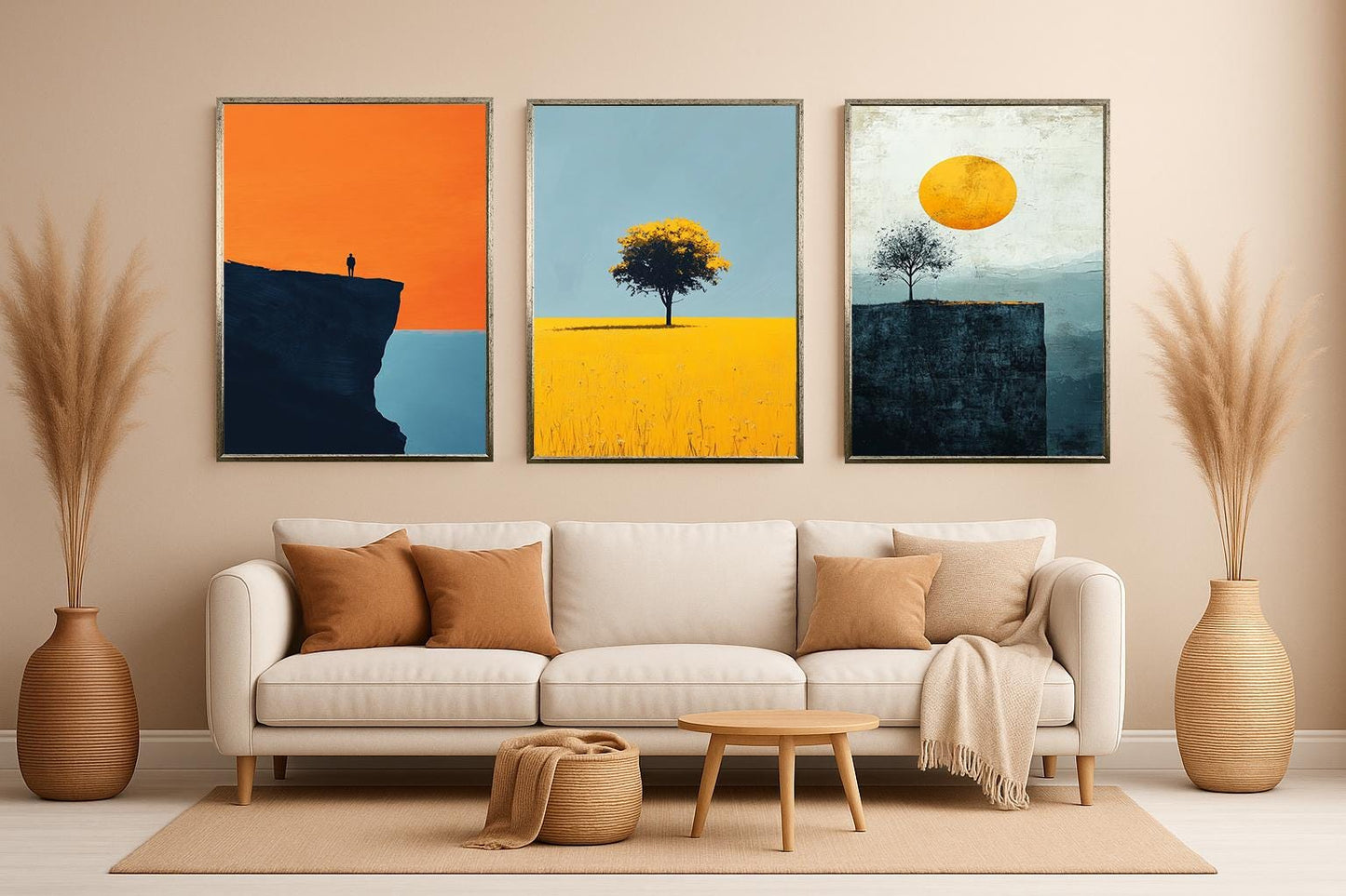Minimalist Sunset Landscape Print Set: Tree & Cliff - Modern Nature Wall Art