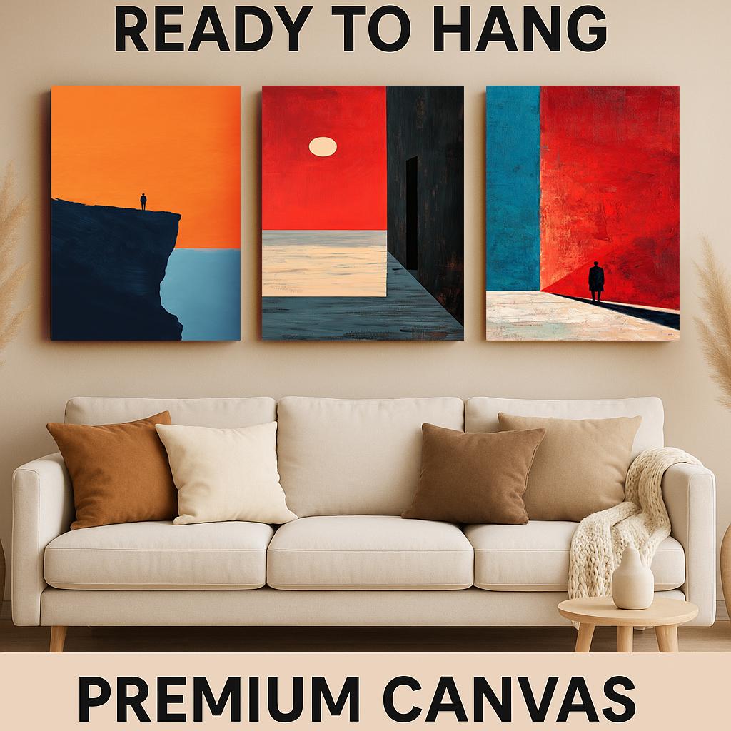 Minimalist Abstract Landscape Print Set: Red, Orange, and Blue Surreal Art