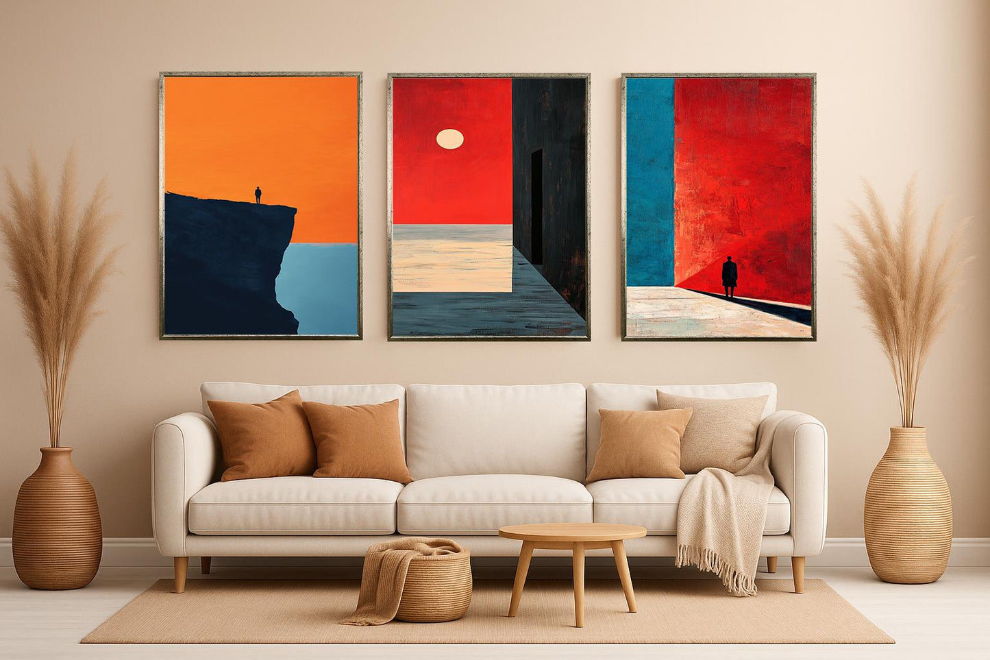 Minimalist Abstract Landscape Print Set: Red, Orange, and Blue Surreal Art