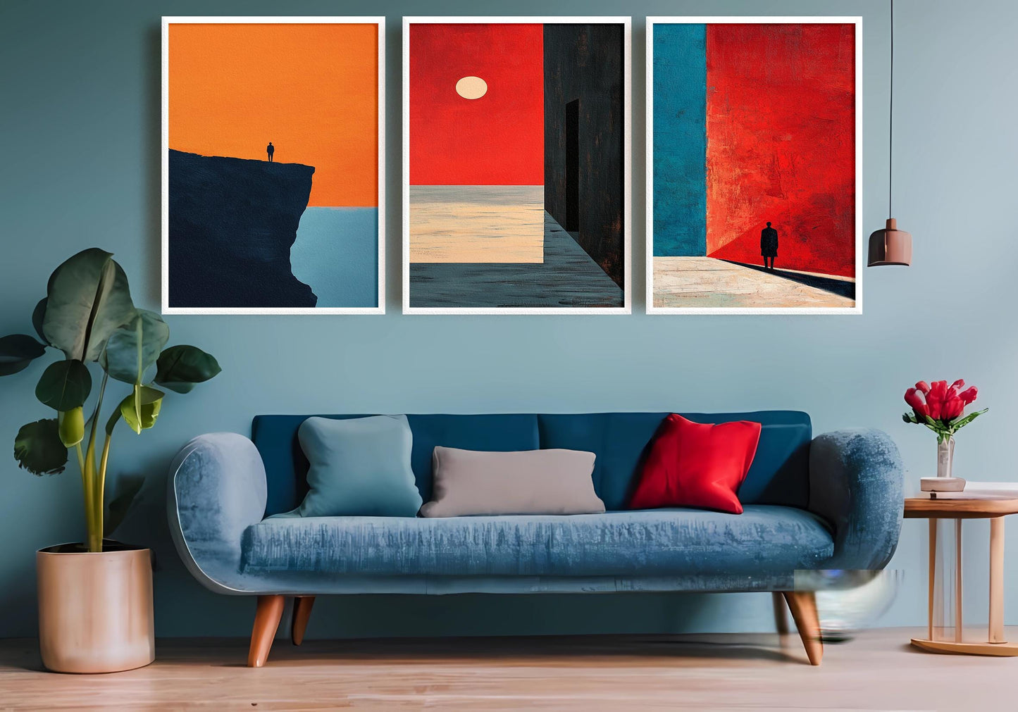 Minimalist Abstract Landscape Print Set: Red, Orange, and Blue Surreal Art