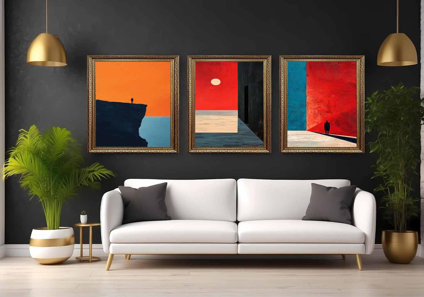 Minimalist Abstract Landscape Print Set: Red, Orange, and Blue Surreal Art