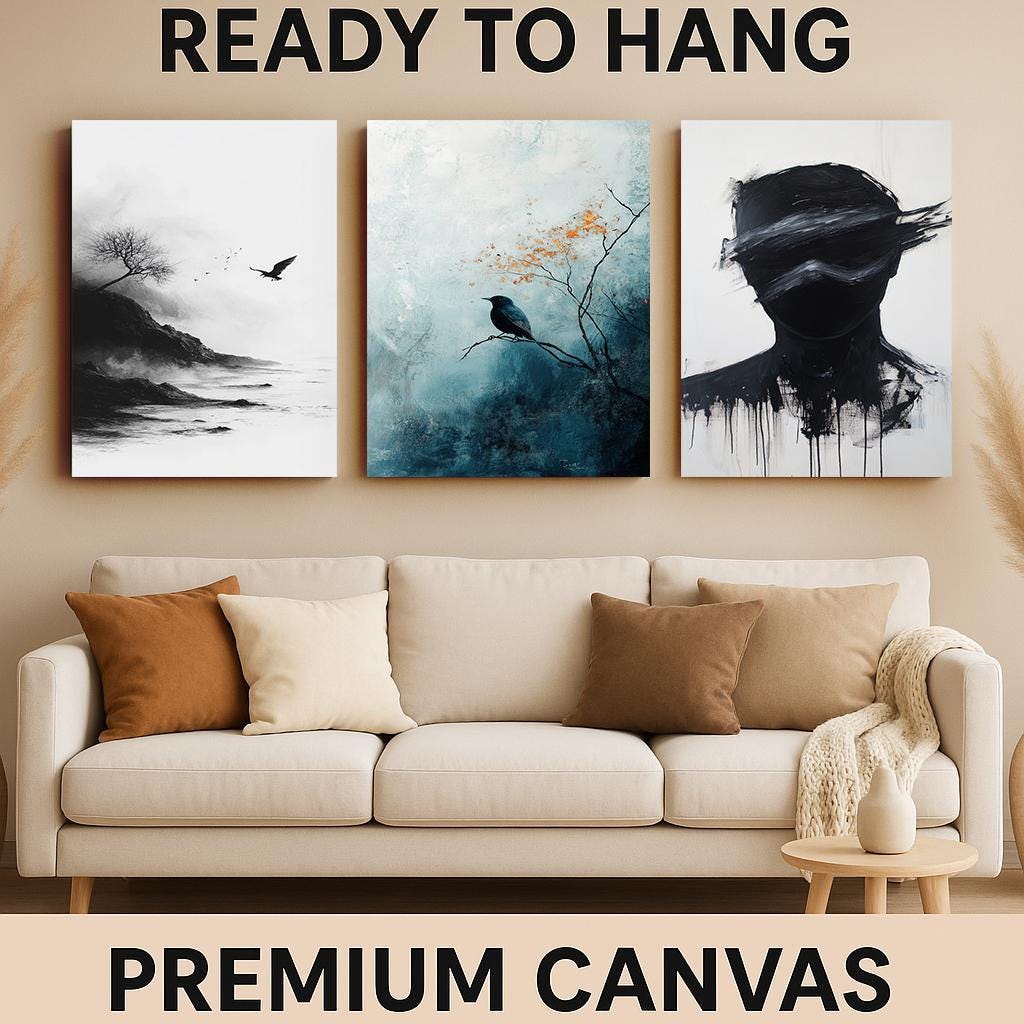 Dark Bird Art Print Set: Gothic Crow & Shadow - Set of 3