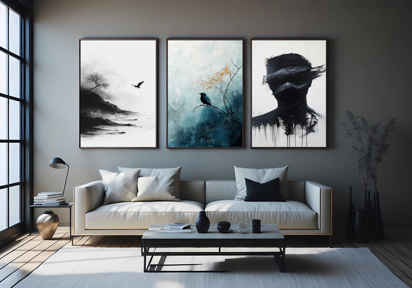 Dark Bird Art Print Set: Gothic Crow & Shadow - Set of 3
