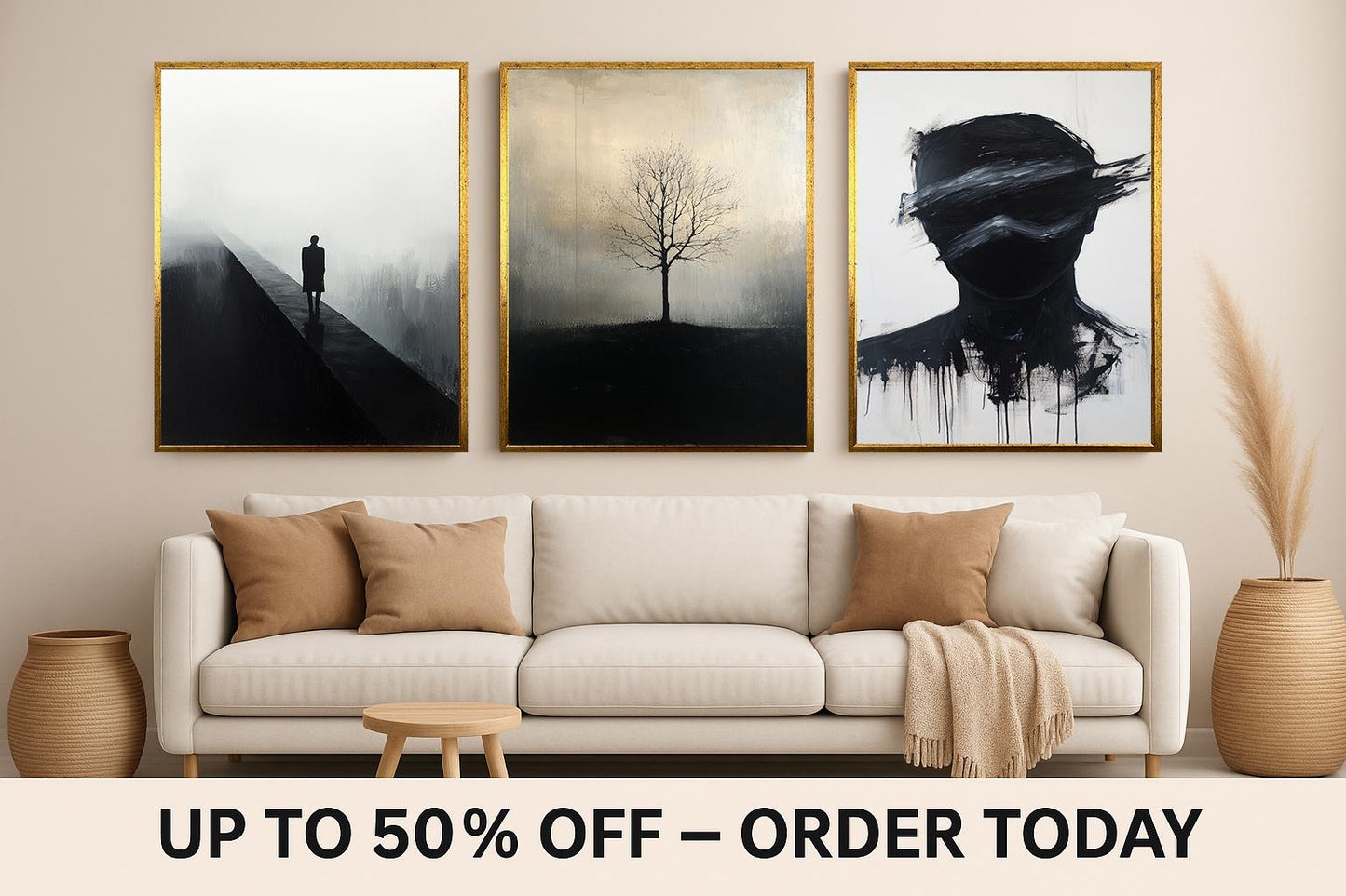 Minimalist Black and White Art Set: Tree, Face, Figure - Modern Surreal Home Decor