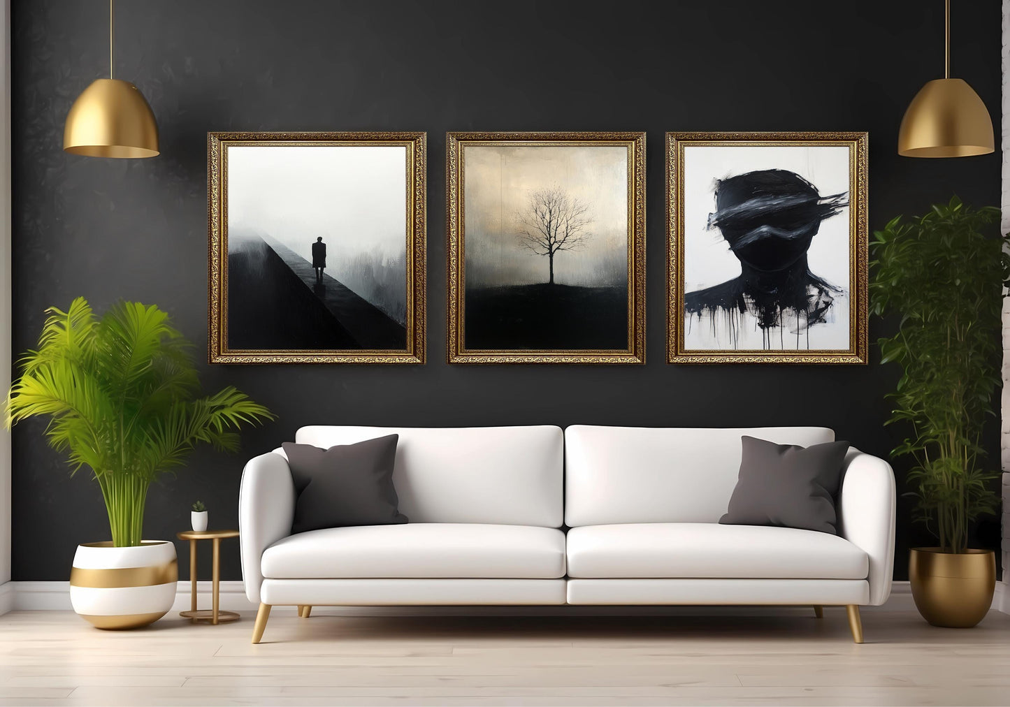 Minimalist Black and White Art Set: Tree, Face, Figure - Modern Surreal Home Decor