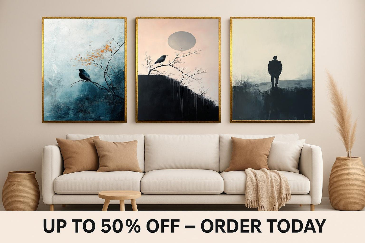Minimalist Crow Canvas Print Set: Moody Abstract Art, Set of 3