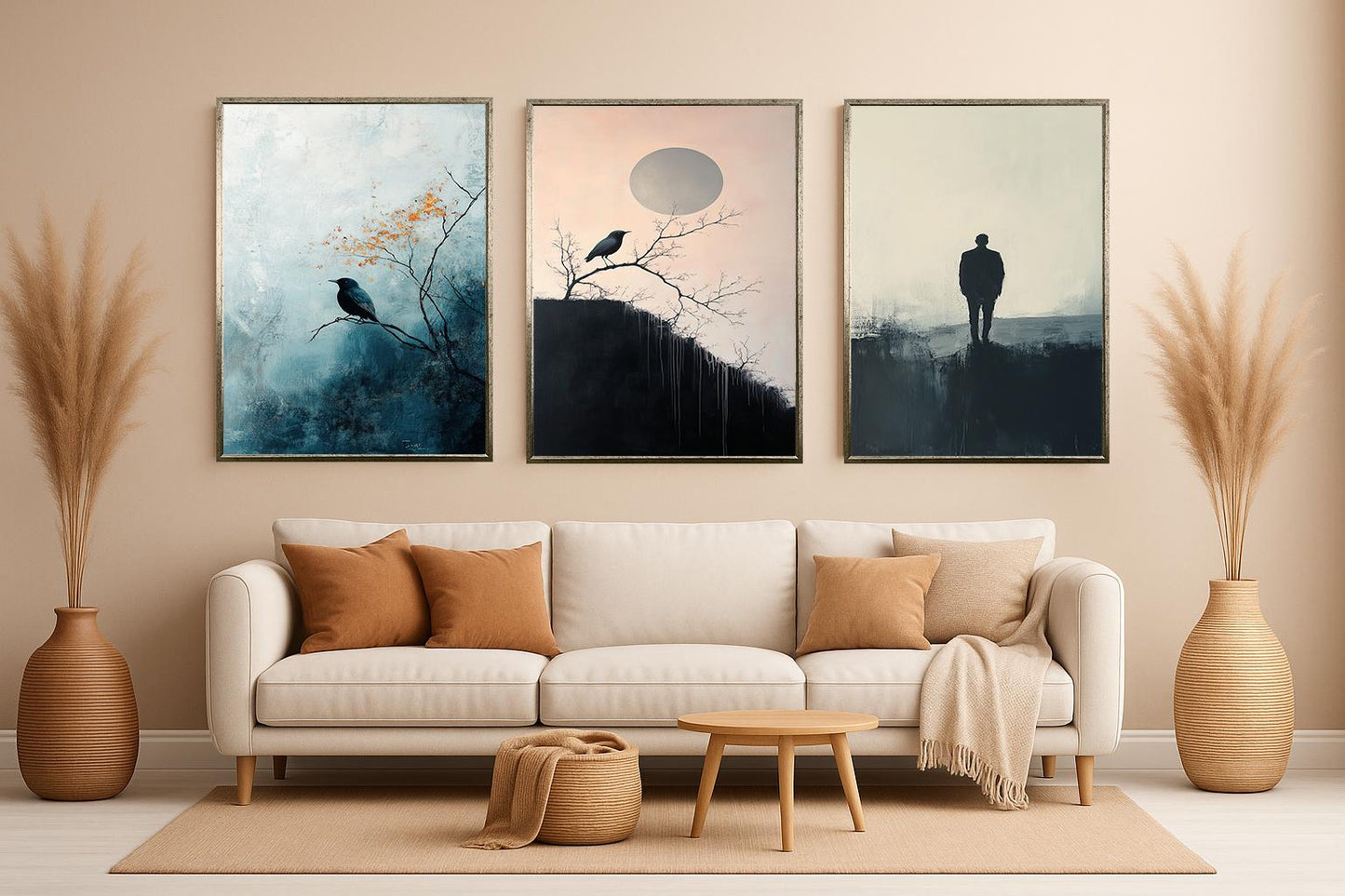 Minimalist Crow Canvas Print Set: Moody Abstract Art, Set of 3