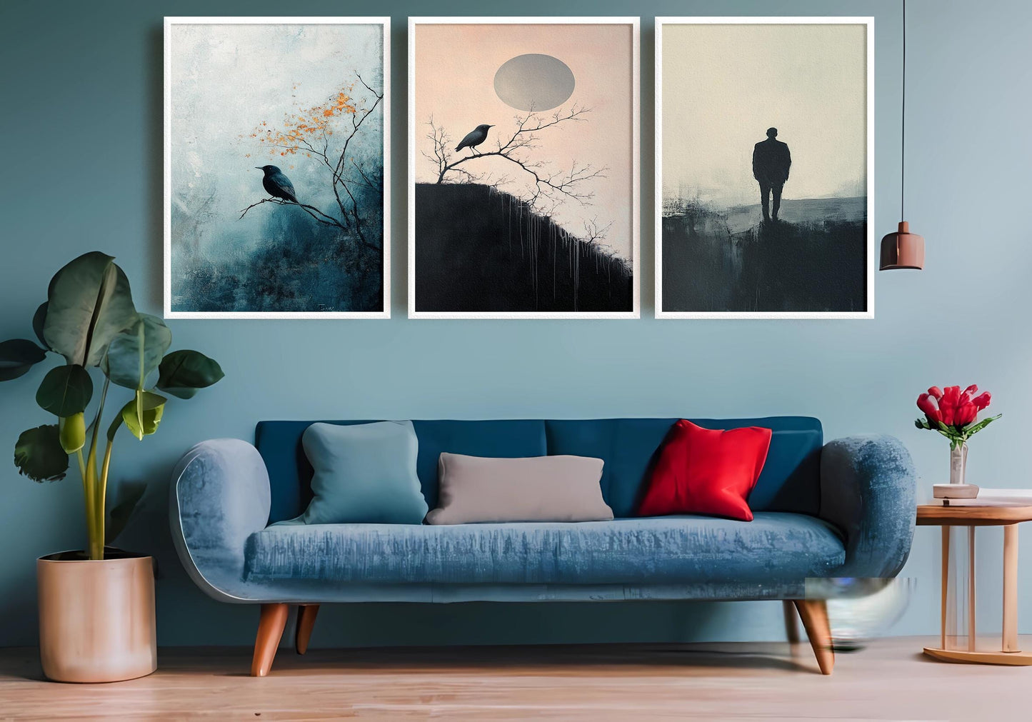 Minimalist Crow Canvas Print Set: Moody Abstract Art, Set of 3