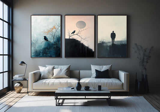 Minimalist Crow Canvas Print Set: Moody Abstract Art, Set of 3