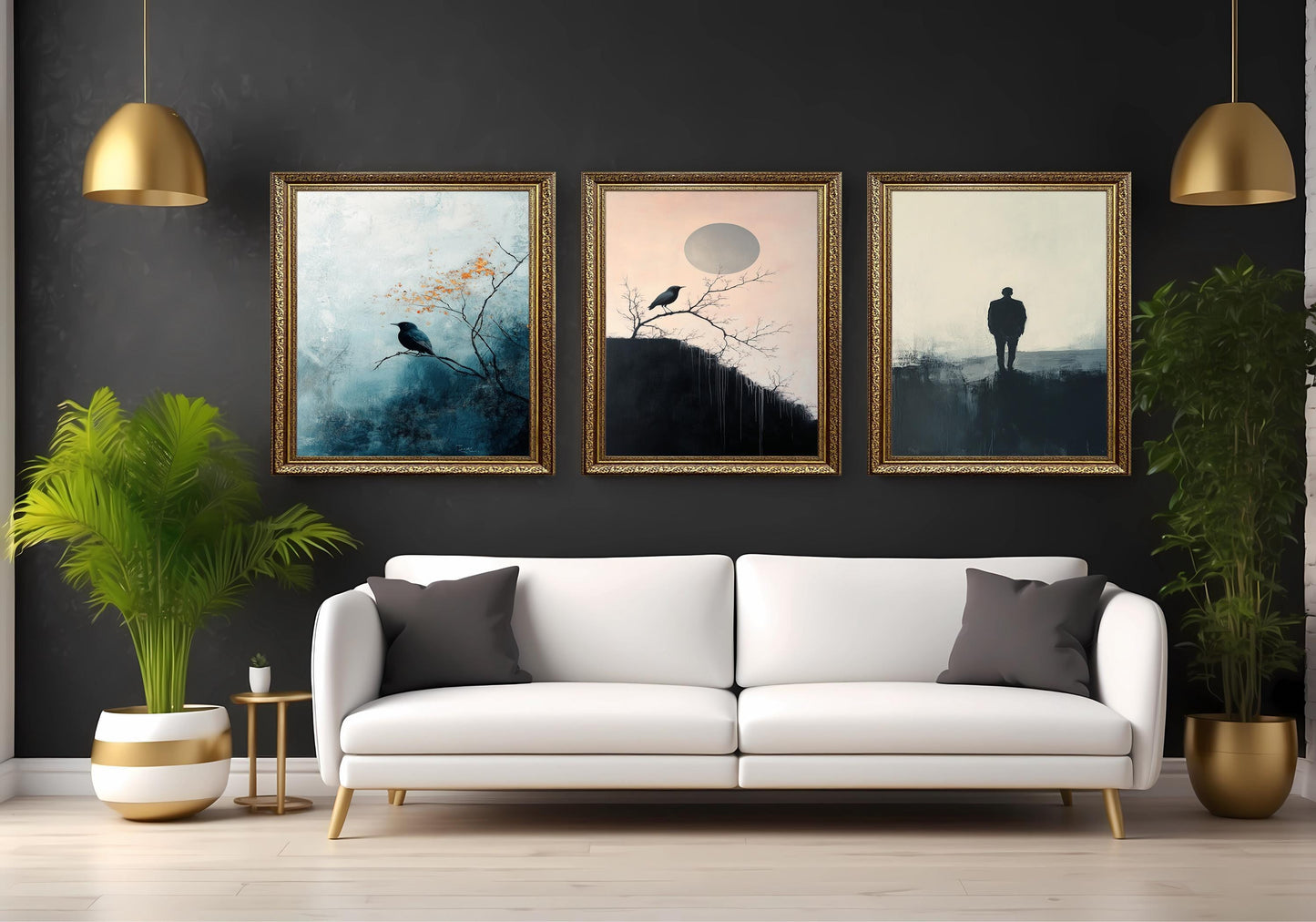 Minimalist Crow Canvas Print Set: Moody Abstract Art, Set of 3