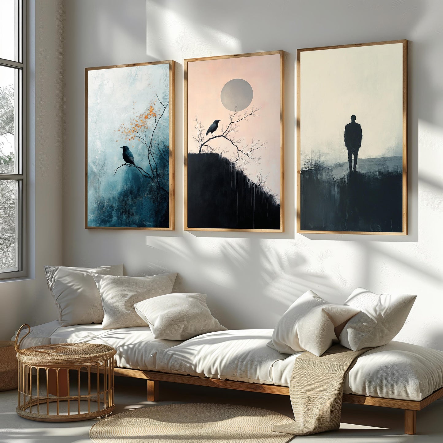 Minimalist Crow Canvas Print Set: Moody Abstract Art, Set of 3