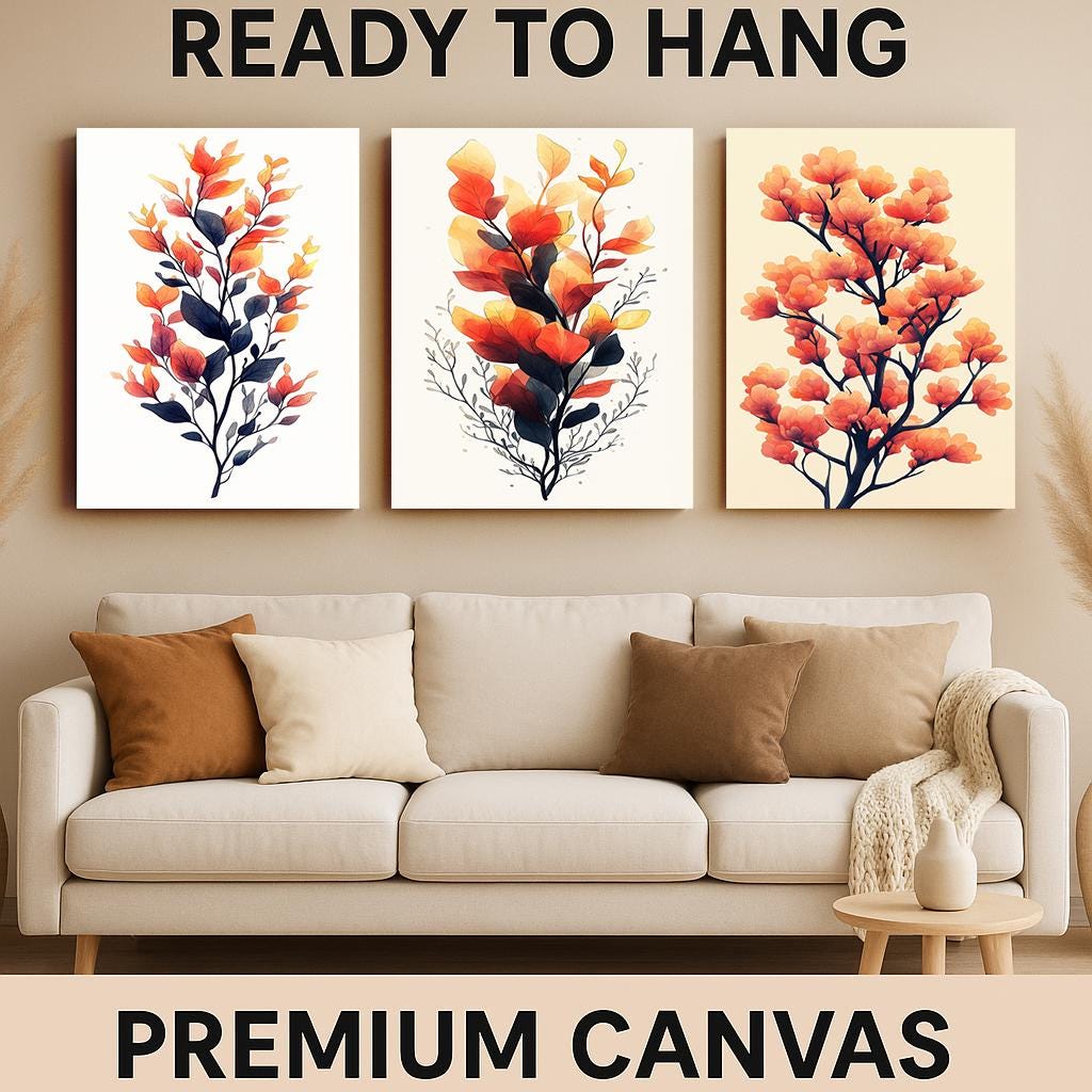 Watercolor Autumn Botanical Print Set: Orange Leaf Wall Art