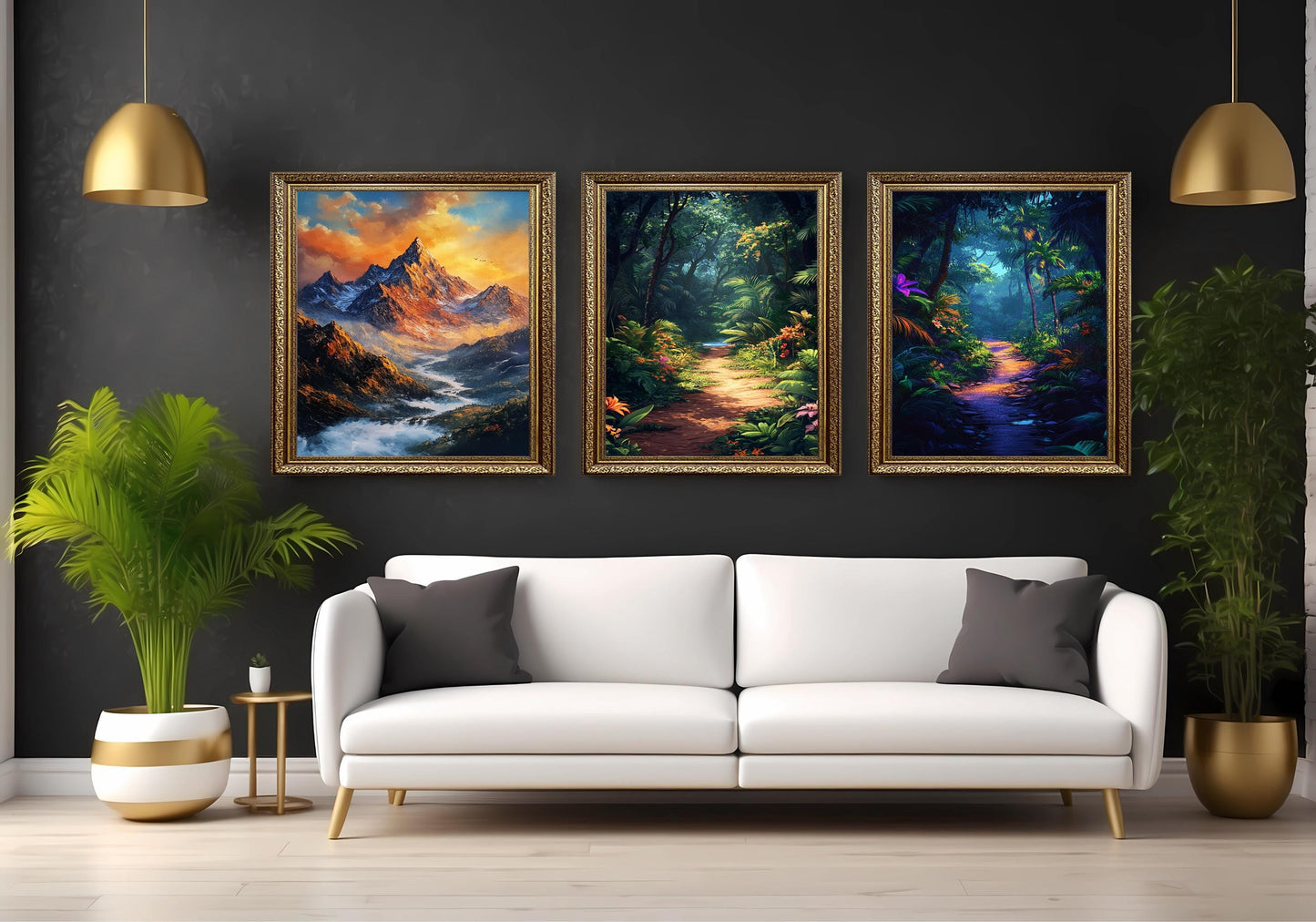 Tropical Jungle & Mountain Sunset Canvas Print Set - 3 Piece Nature Wall Art