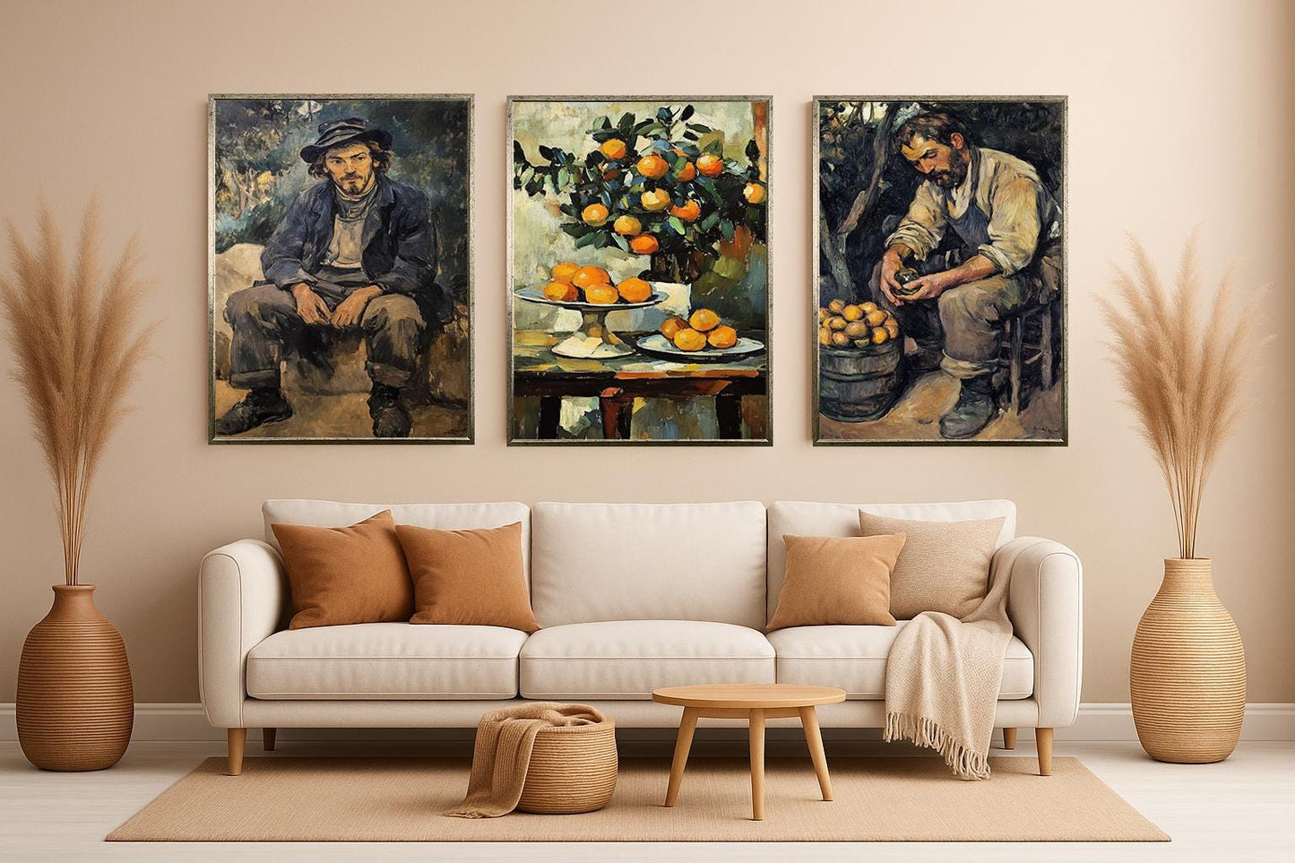 Vintage Still Life Oil Painting Set: Oranges, Rustic Man Portrait