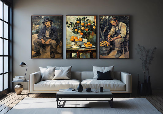Vintage Still Life Oil Painting Set: Oranges, Rustic Man Portrait