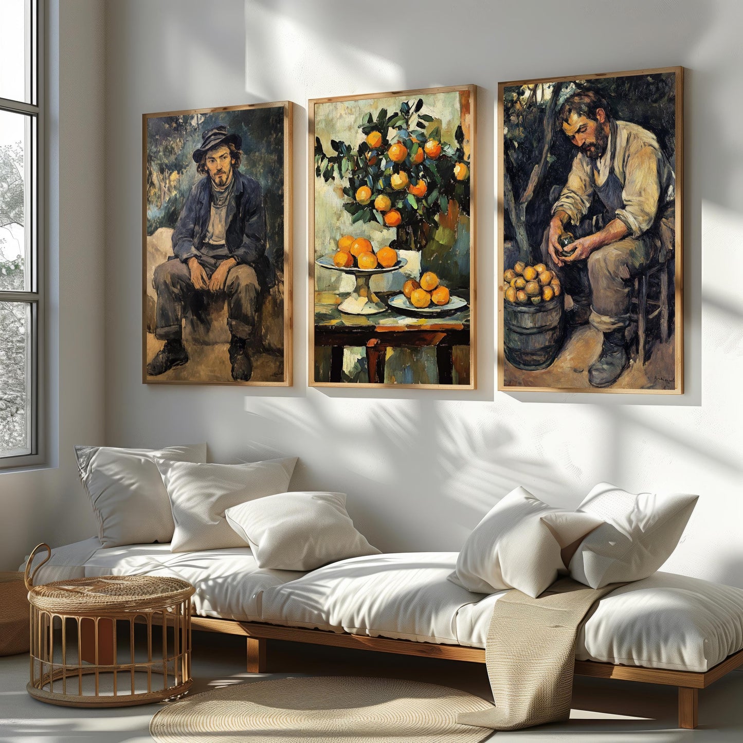 Vintage Still Life Oil Painting Set: Oranges, Rustic Man Portrait