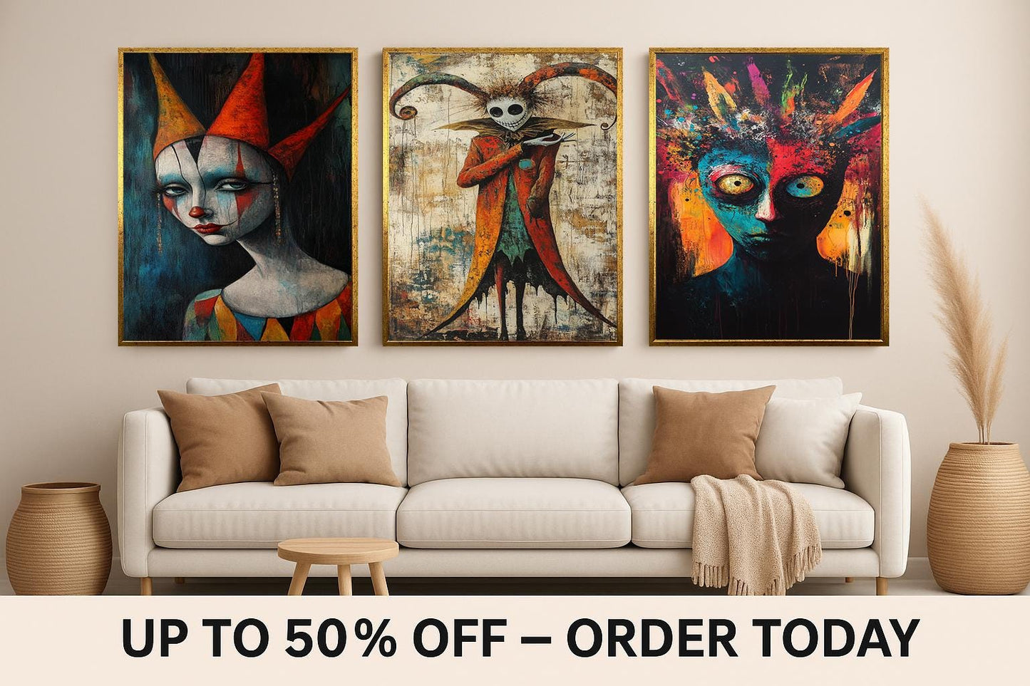 Dark Carnival Clown Canvas Art Set: Gothic Horror Jester Painting