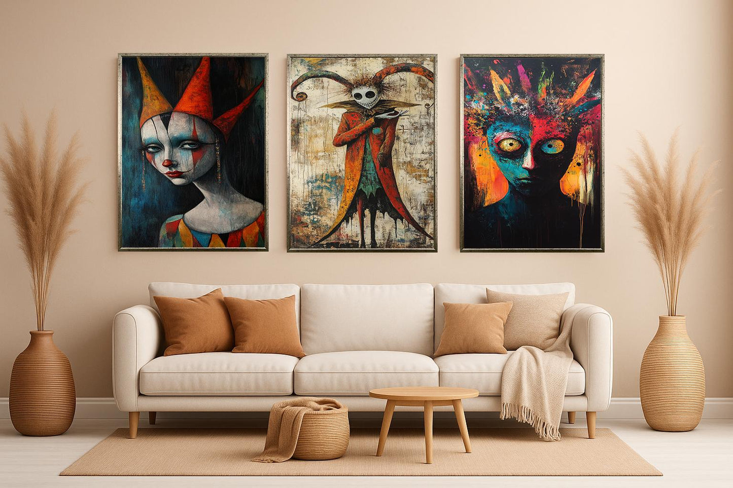 Dark Carnival Clown Canvas Art Set: Gothic Horror Jester Painting