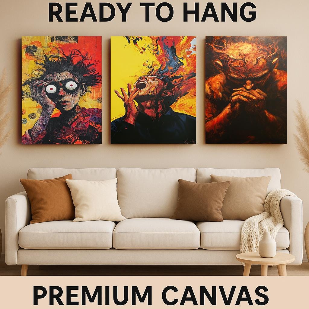 Surreal Expressionist Canvas Art Set: Fiery Emotional Portraits