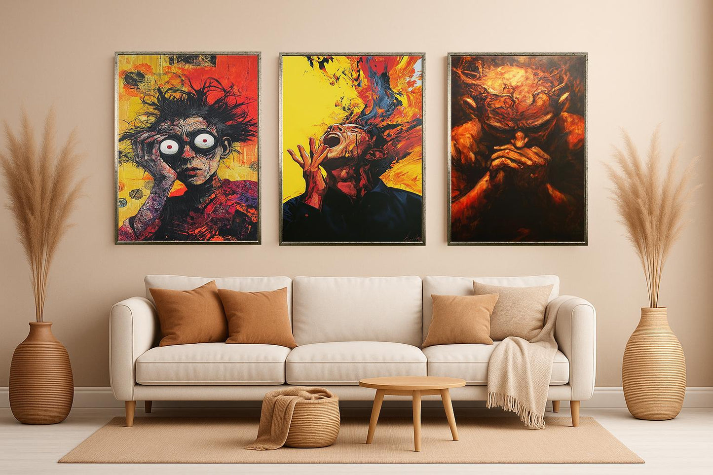 Surreal Expressionist Canvas Art Set: Fiery Emotional Portraits