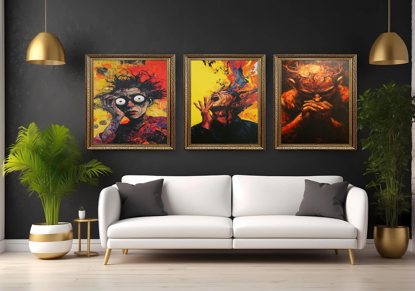 Surreal Expressionist Canvas Art Set: Fiery Emotional Portraits