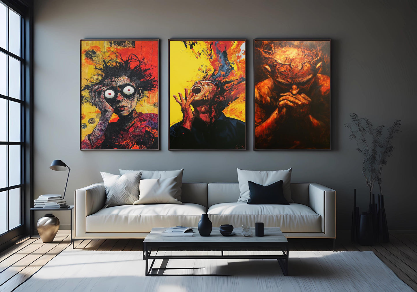 Surreal Expressionist Canvas Art Set: Fiery Emotional Portraits