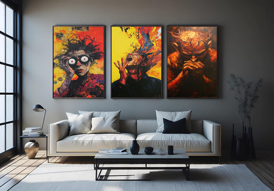 Surreal Expressionist Canvas Art Set: Fiery Emotional Portraits