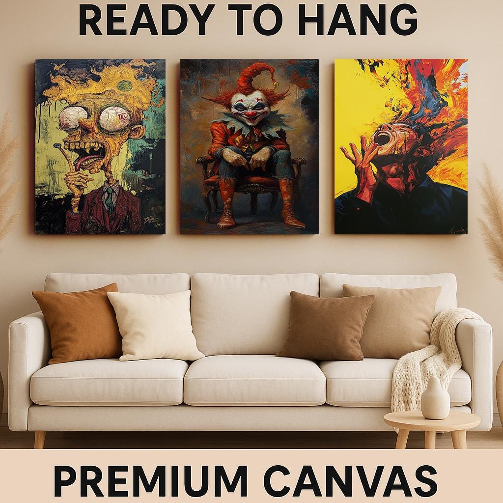Creepy Circus Art Set: Horror Clown, Burning Head Surreal Prints