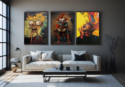 Creepy Circus Art Set: Horror Clown, Burning Head Surreal Prints