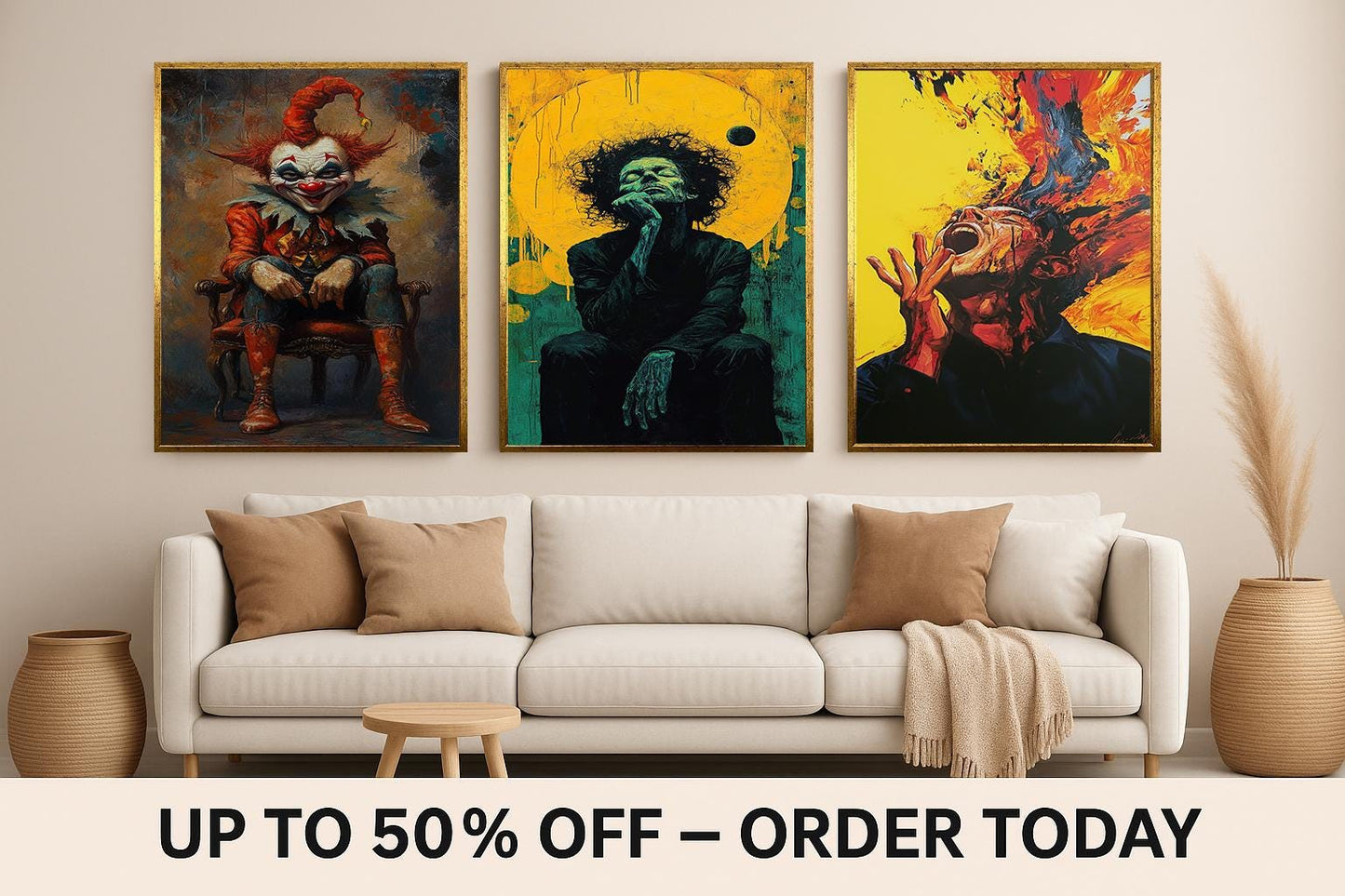 Surreal Horror Art Set: Abstract Figure, Scream Portrait, Red Clown Canvas Prints