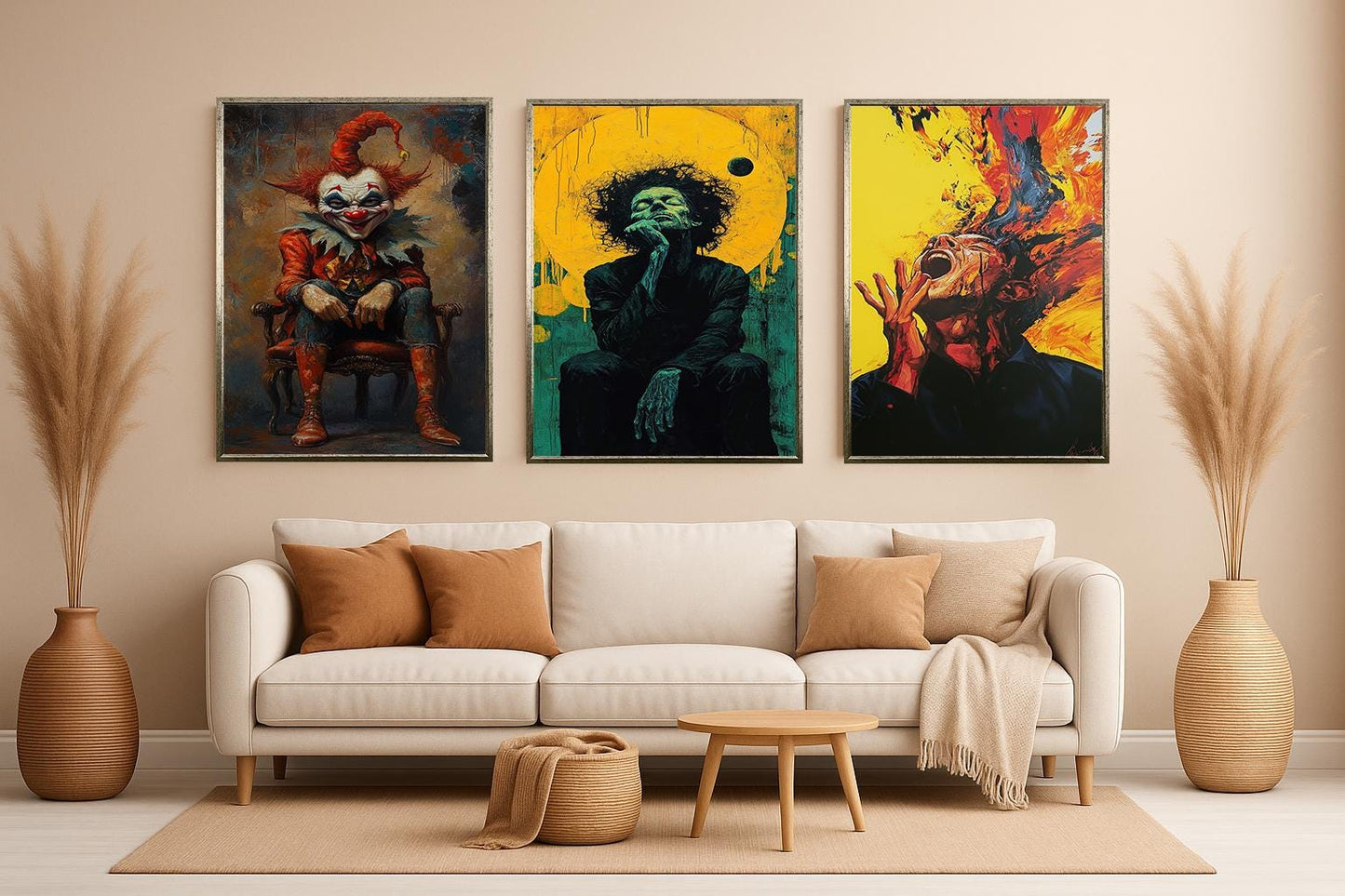 Surreal Horror Art Set: Abstract Figure, Scream Portrait, Red Clown Canvas Prints
