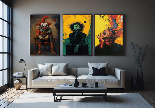 Surreal Horror Art Set: Abstract Figure, Scream Portrait, Red Clown Canvas Prints